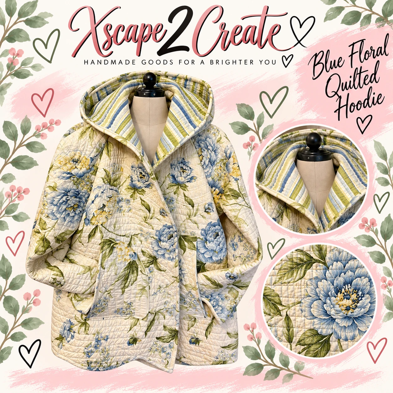 Blue Floral Quilted Hoodie