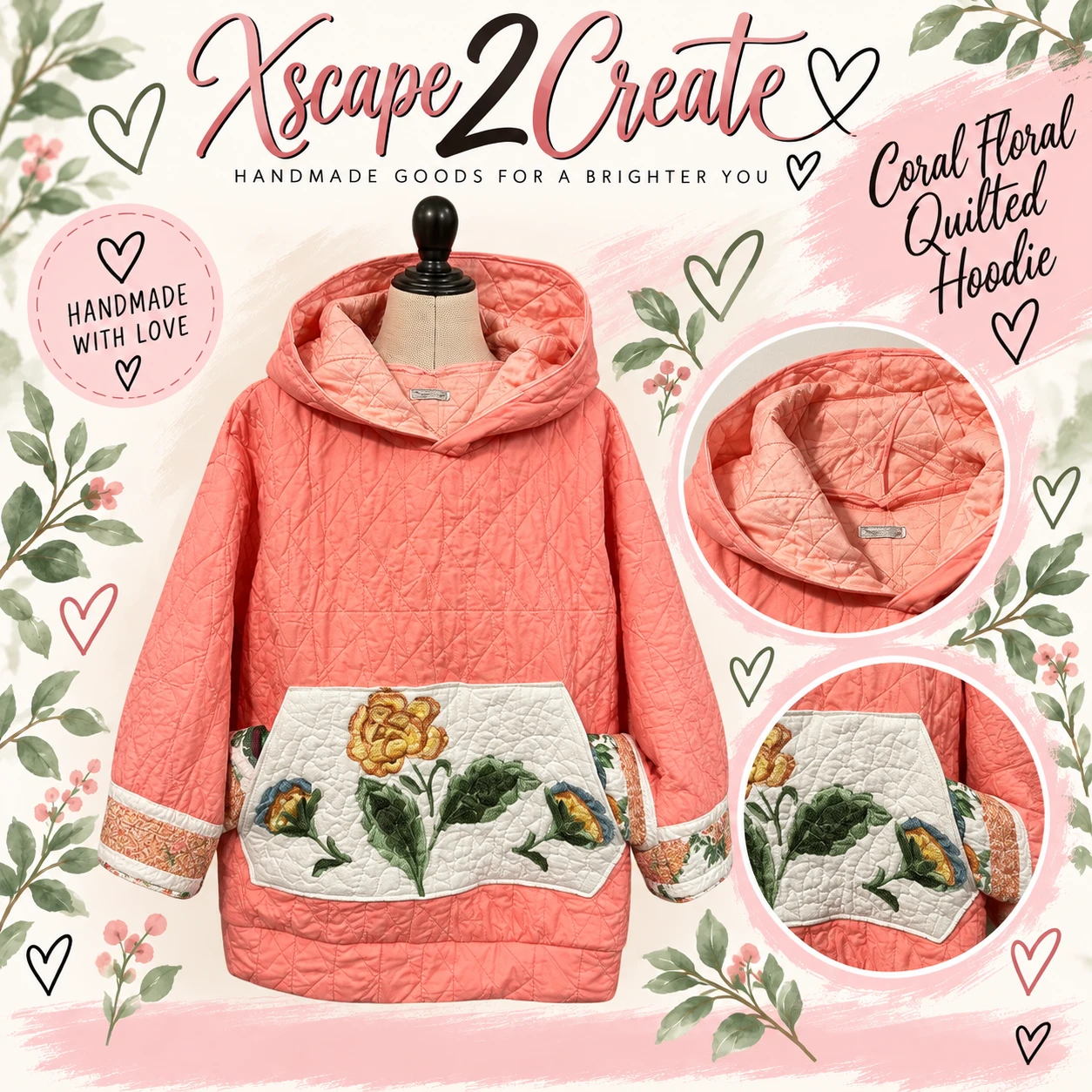 Coral Floral Quilted Hoodie