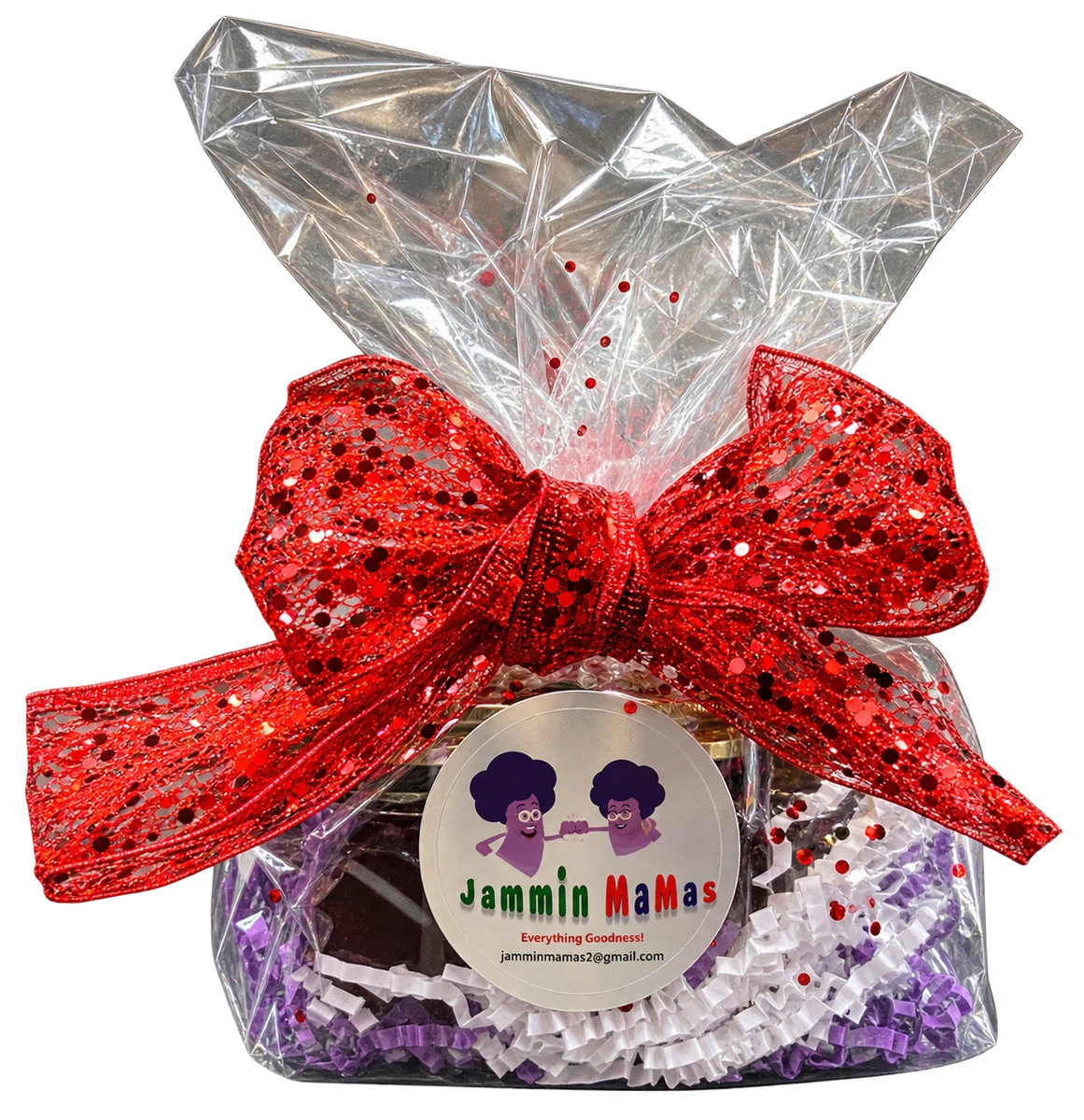 Jammin MaMas assorted jam gift pack with a red bow