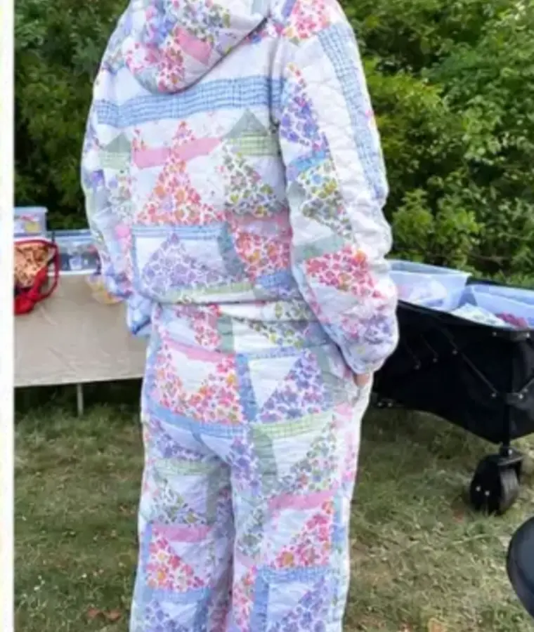 Back view of the vintage quilt hoodie and pants