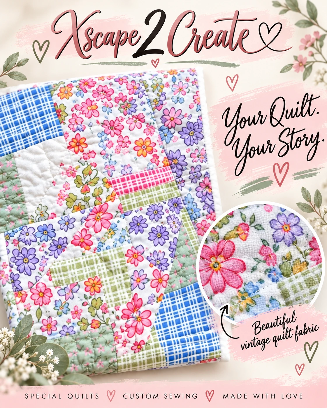Close-up of colorful vintage quilt fabric